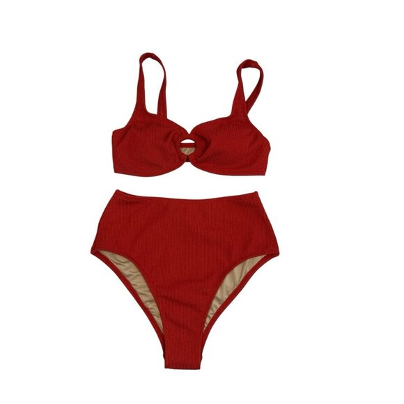 Women's S Two-Piece High Waist Bikini Swimsuit Textured Pumpkin NWT 9728 - Picture 3 of 16